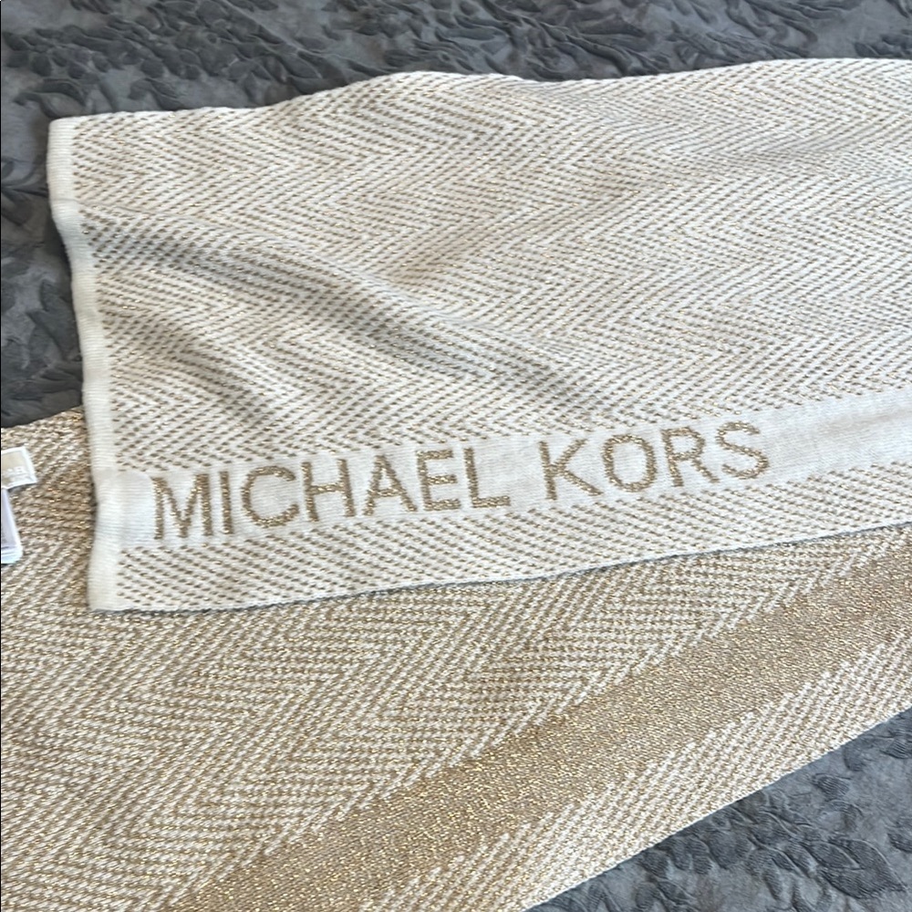 Michael Kors Beige and White Herringbone Scarf